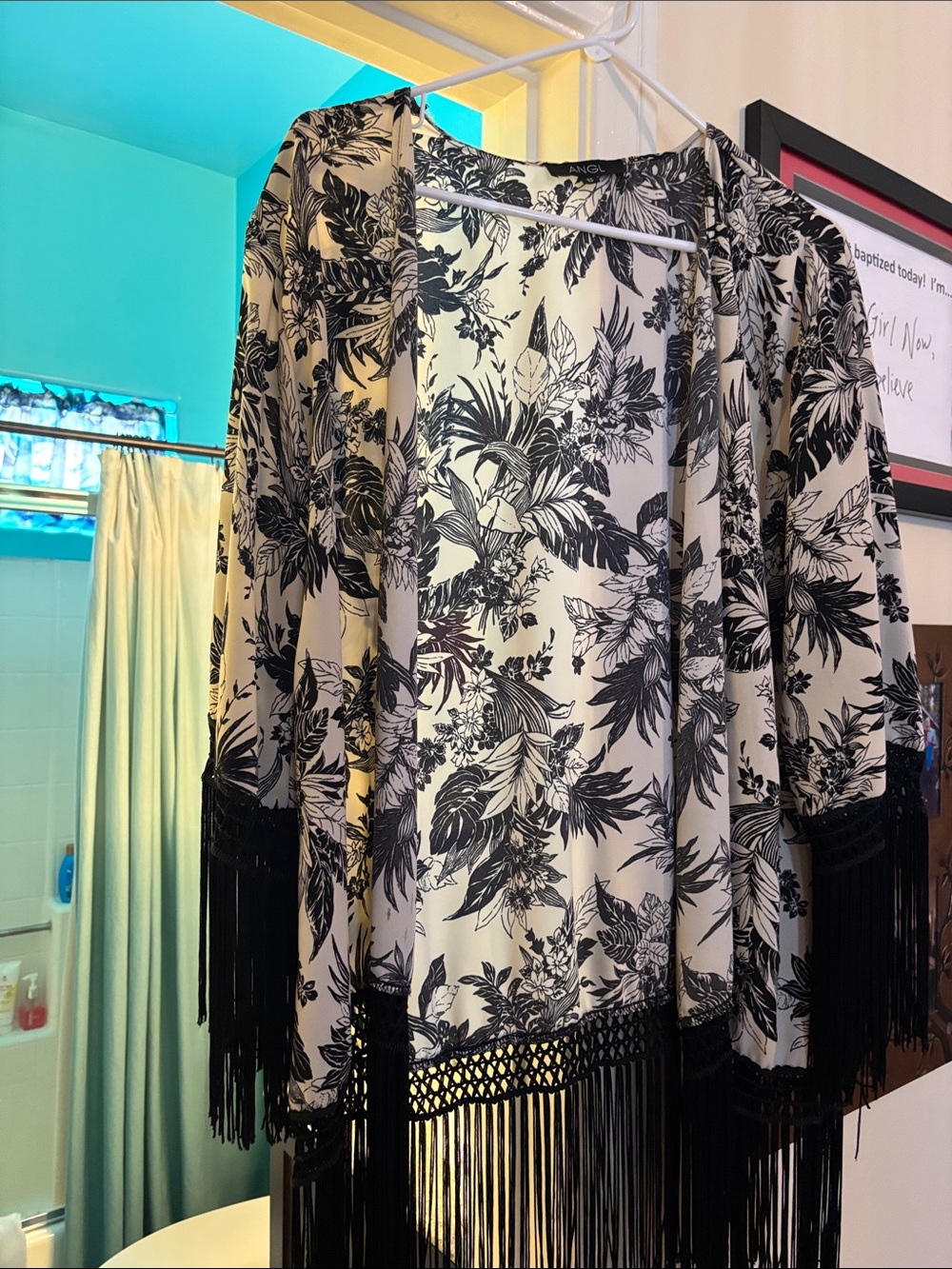 ANGL Black and Cream Floral Open-Front Kimono